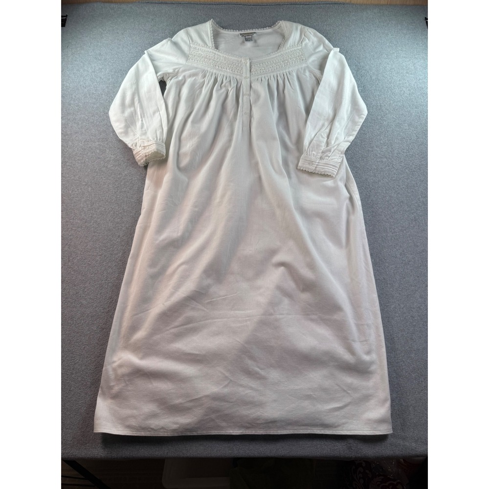 Talbots Intimates White 100% Cotton Lace Trim Nightgown Long Sleeve Petite Small